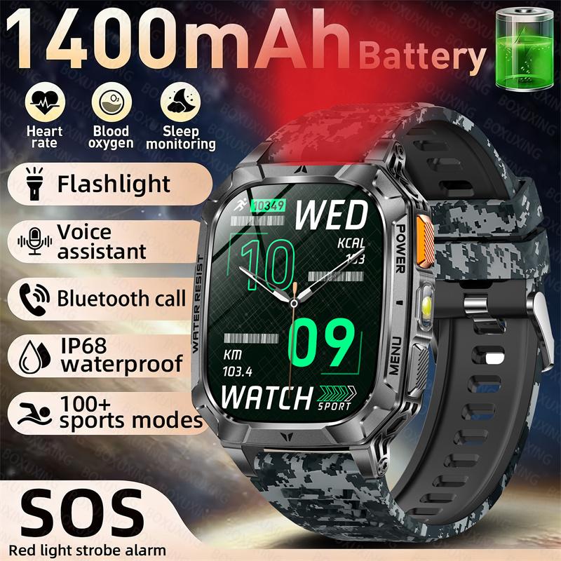 Rugged Outdoor Smart Watch 1400mAh 2.01" HD Screen Bluetooth Call GPS IP68 Waterproof Flashlight SOS Fitness Watch for Men