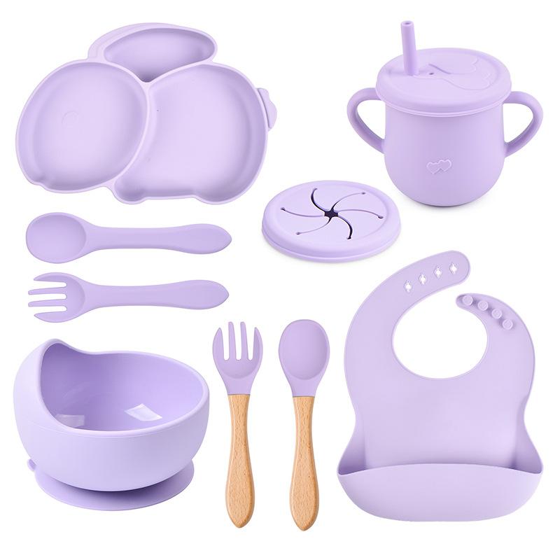 9PCS Rabbit Baby Silicone Tableware Kids Non-slip Sucker Bowl Plate Cup Spoon Fork Sets BPA Free Children's Feeding Dishes Utensils