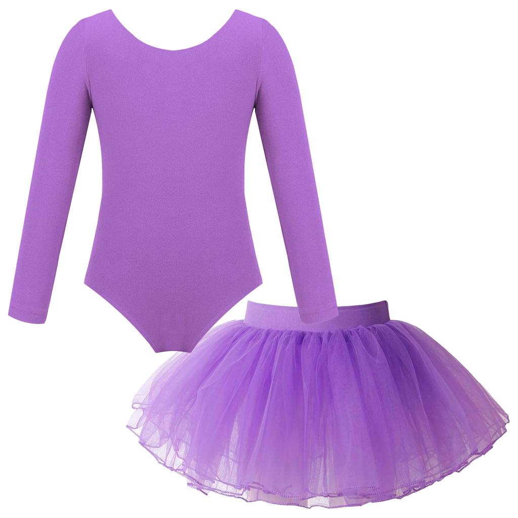 Girls Ballet Dance Wear Long Sleeve Round Neck Leotard Elastic Waist Tutu Layered Skirt Performance Outfit