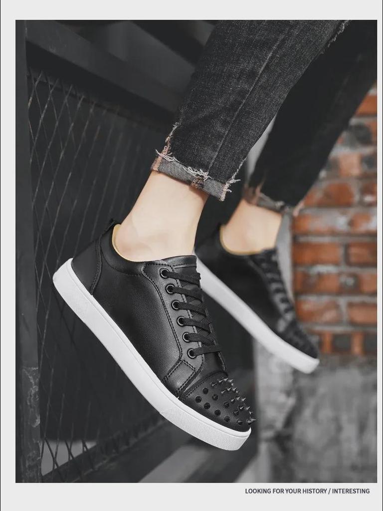 Men's Red Bottom Rivet Casual White Sneakers - Trendy Microfiber Leather Shoes