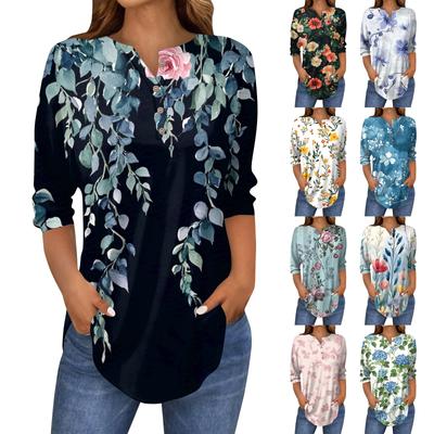 Женская свободная футболка с воротником на пуговицах и винтажным цветочным принтом, рукав три четверти