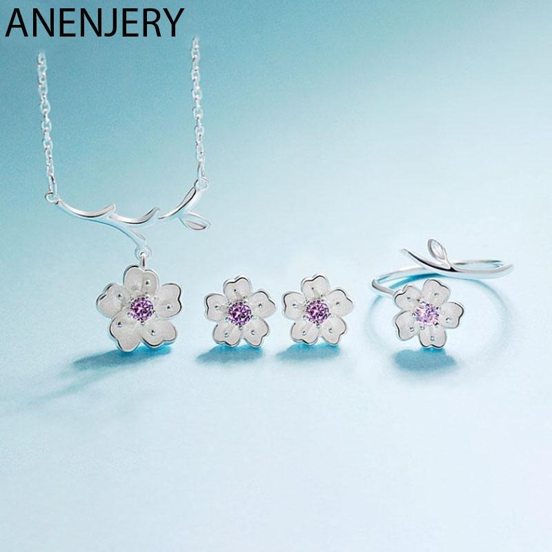 ANENJERY Женские модные комплекты ювелирных украшений, романтическое ожерелье с цветком вишни + серьги + кольцо + браслет для женщин