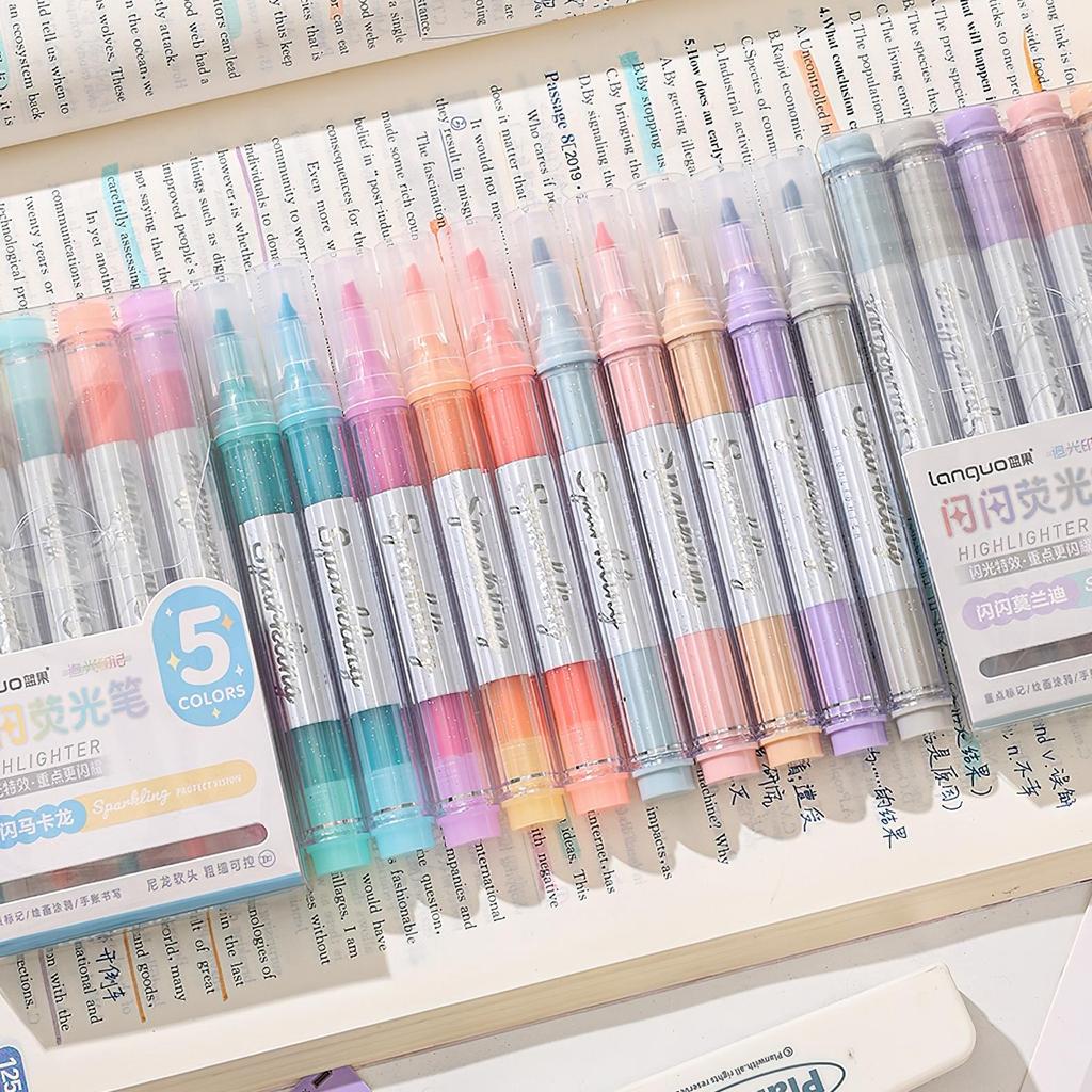 5pcs Mild Colors Highlighter Pens Set, Morandi Protect Vision Soft Chisel Brush Tip - Hued & Sparkling Fluorescent Markers