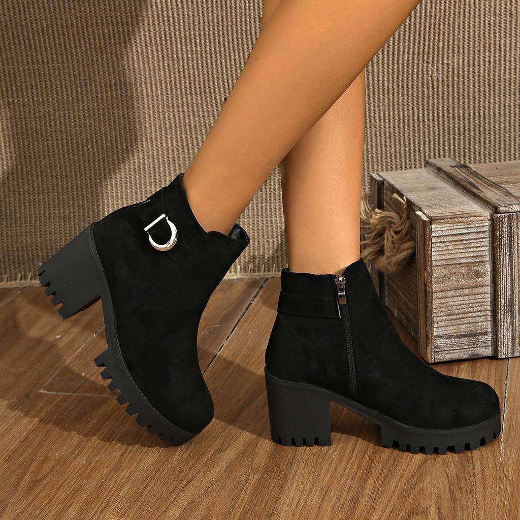 Fashionable New Round Toe Plus Size High-heeled Women's Boots Popular Spring Autumn Square Heel Comfortable Casual Short Boots