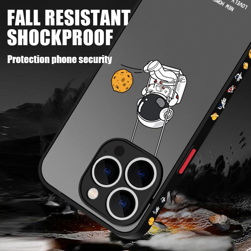 Матовый прозрачный чехол с рисунком лунного астронавта для iPhone 16 Pro Max 15 Plus 14 13 Pro 12 11 XR, защитный ремешок для объектива, противоударный, мягкий, тонкий чехол для телефона