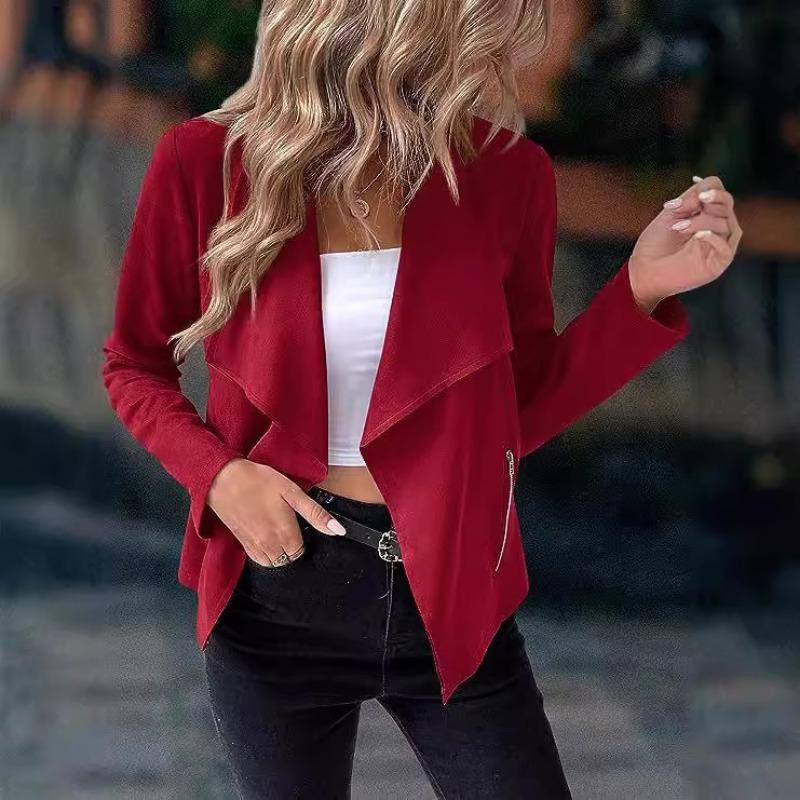 Autumn Fashion Women New Jackets Casual Imitation Deerskin Short Coat Big Lapel Elegant Long Sleeve Zipper Solid Color Clothes 1572