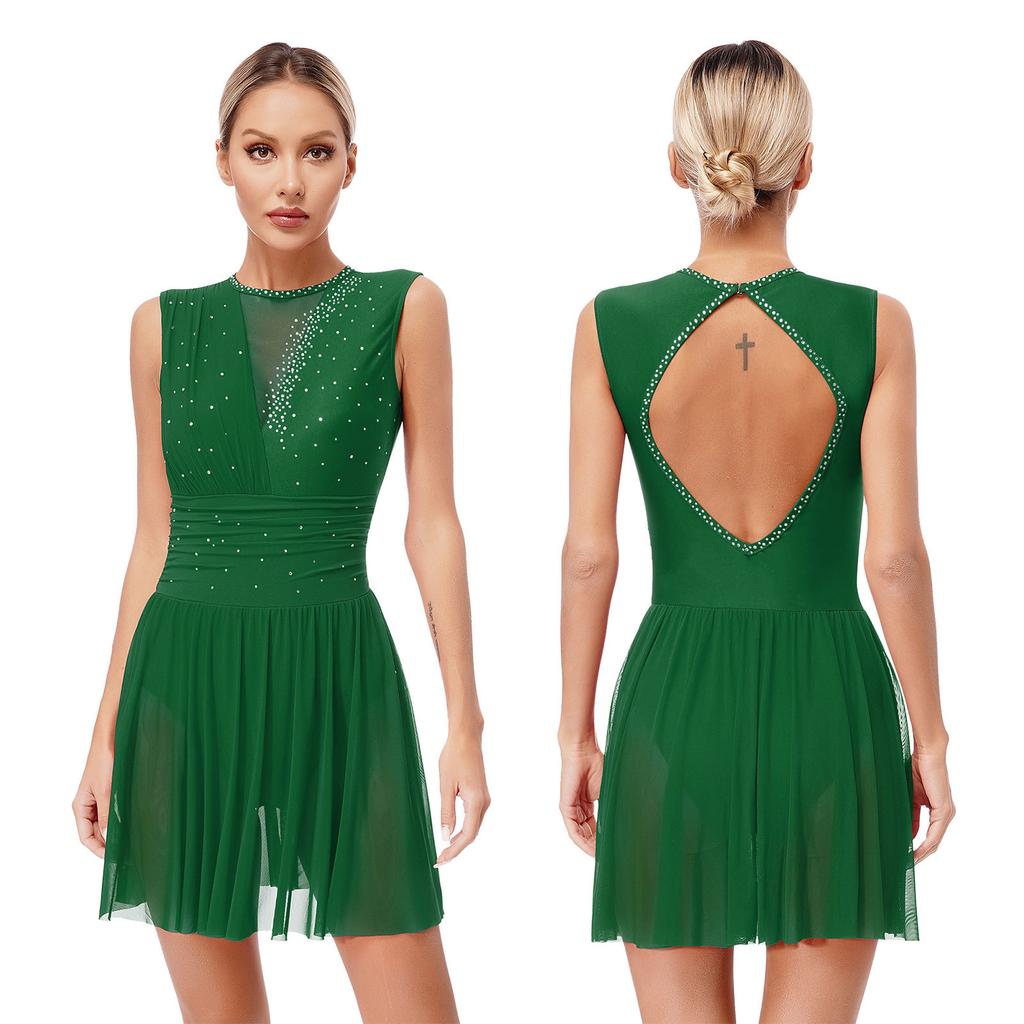 Womens Figure Skating Dress Modern Lyrical Ballet Dance Leotard Tutu Sleeveless Shiny Rhinestone Gymnastic Performance Dancewear