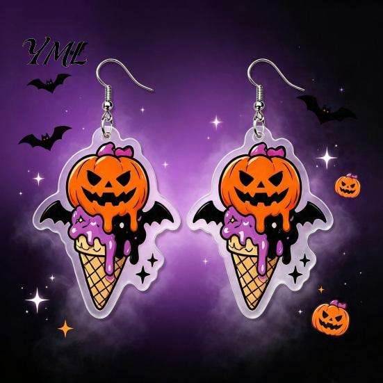 Trendy Cartoon Jewelry 1 Pair Halloween 2D Acrylic Earrings for Women, Spooky Pumpkin Skull Unique Holiday Gifts Friends Black Cat Dangle Drop