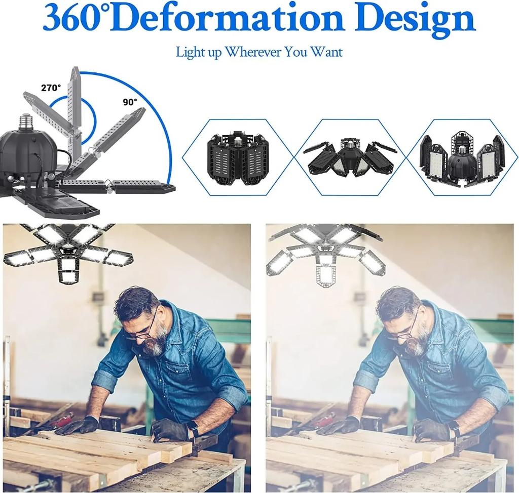 Светодиодный гаражный светильник с 10 панелями и регулируемыми панелями, сверхяркий, потолочное освещение E27/E26, рабочий свет для подвала, мастерской, склада