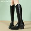 Женские высокие сапоги с острым носком, элегантные туфли на среднем каблуке, тренд 2025 года, классические кожаные зимние сапоги до колена Botas De Mujer