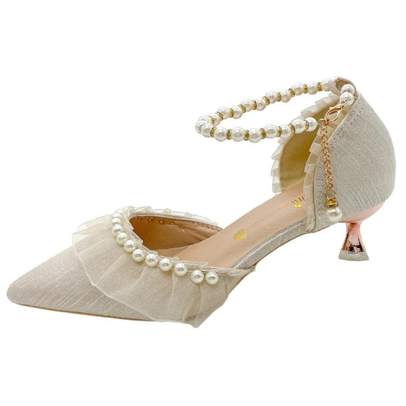 Сексуальные кружевные тонкие каблуки свадебные туфли женские 2024 новые туфли-лодочки с ремешком на щиколотке и жемчужинами женские элегантные туфли на среднем каблуке с ниткой и бусинами для вечеринок