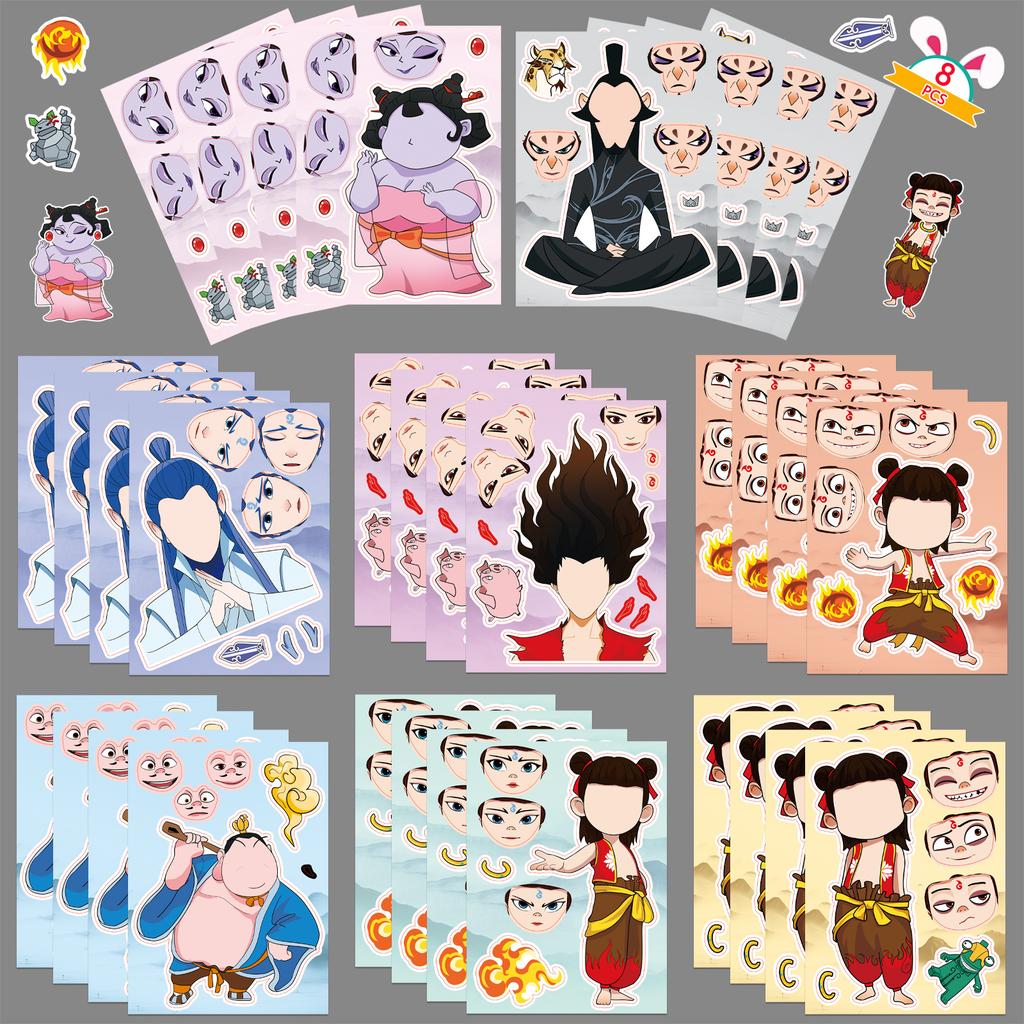 8 креативных наклеек-стикеров с изображением лица Нечжи, мультяшных, милых, набор