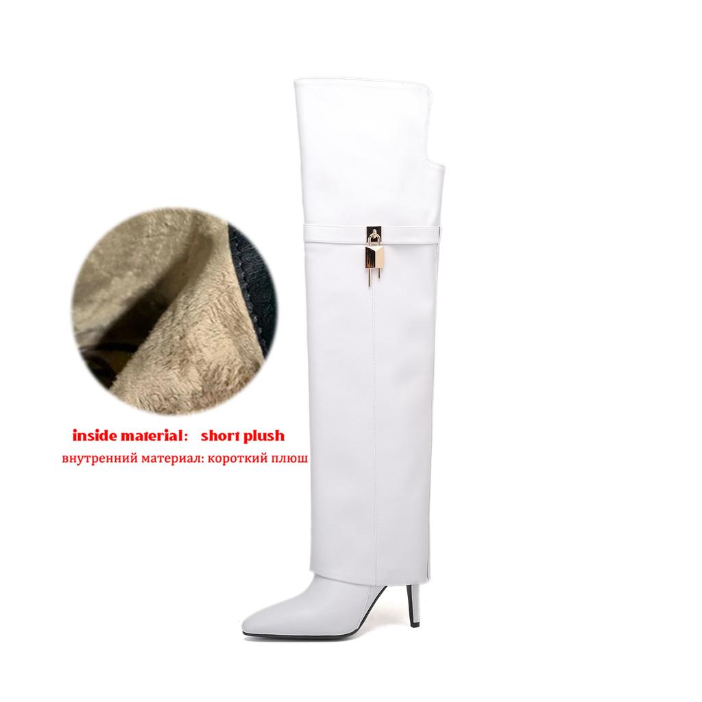 Krazing Pot Cow Split Skin Microfiber Pointed Toe Thin High Heels Size 46 Size 45 Slip On Plus Size Women Keep Warm Over-the-knee Boots