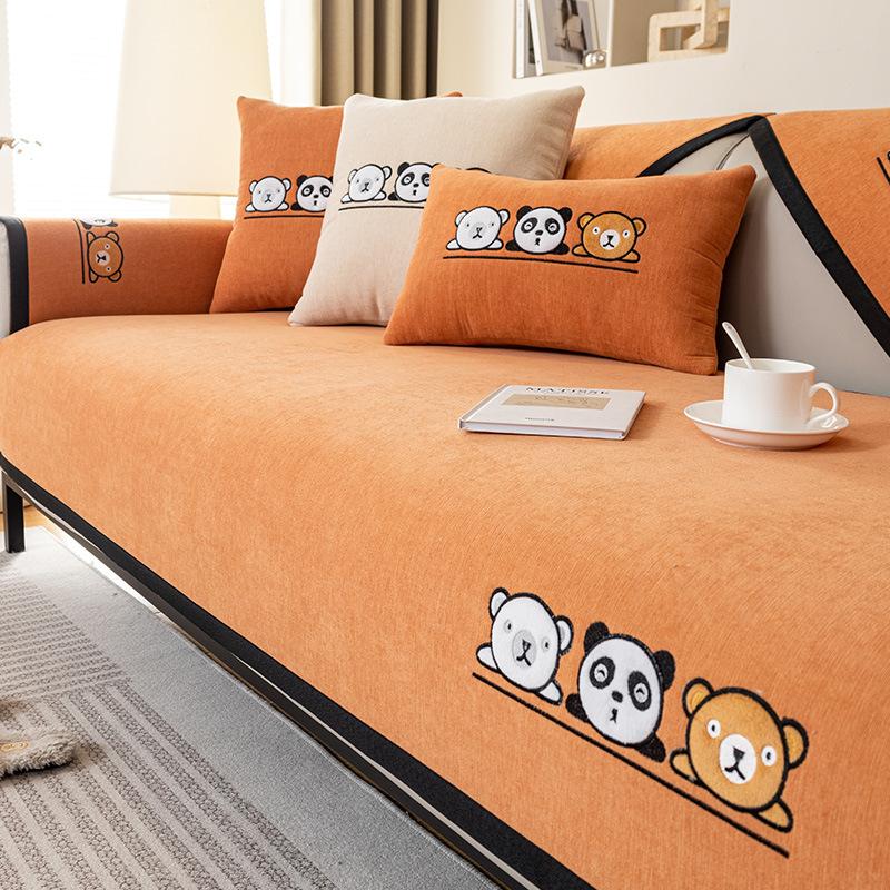 Cartoon Embroidery Sofa Cover Soft Chenille Solid Color Couch Cover Living Room Modern Simple Universal Non-slip Sofa Cushion