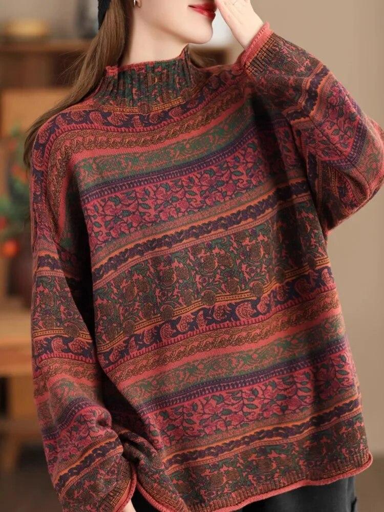 Johnature Women Pullover Vintage Sweaters Mock Neck Long Sleeve Spring Knitted Cotton Women Casual Soft Sweaters