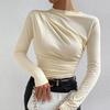 Autumn Long Sleeve Pleated Solid T-shirt Office Lady Tops Slim Fit Bottom TShirt Women Casual Elegant O Neck Tees 30454