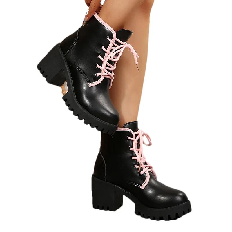 Winter Leather Chunky Women Ankle Boots Lace Up Fashion High Heels Shoes 2025 Trend Designer Classic Goth Pumps New Botas Mujer