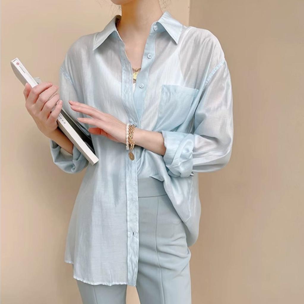 Летняя рубашка с солнцезащитным кремом, длинный рукав, дышащий топ из ледяного шелка, женская свободная рубашка, тонкая