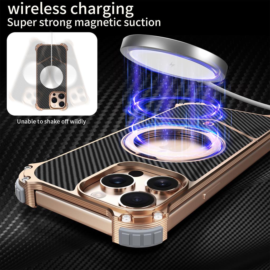 Для iPhone 13 Pro Max Магнитный чехол Текстура углеродного волокна ПУ+Металлическая безбортовая задняя крышка телефона с подставкой