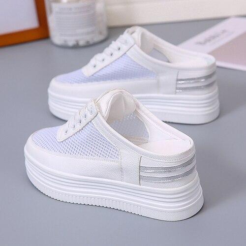 Akexiya/женские весенне-летние тапочки, полые дышащие повседневные полутапочки на толстой подошве, женская маленькая белая обувь