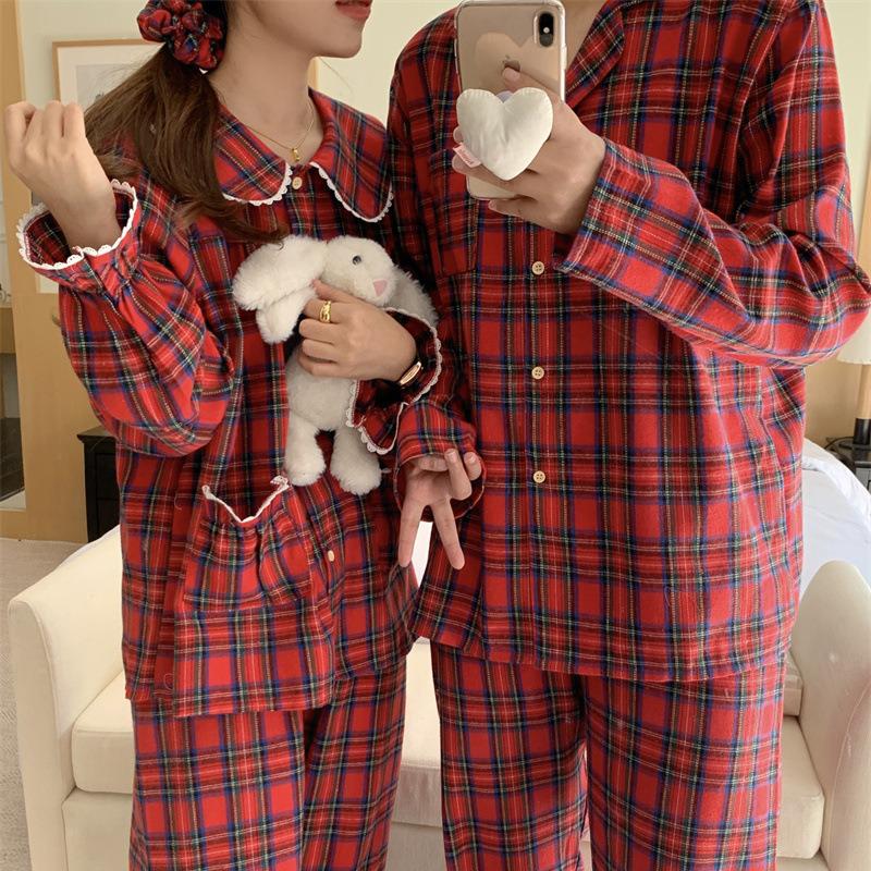 Korean Spring & Autumn Plaid Lace Peter Pan Collar Pajamas - Loose Couple Long Sleeve Homewear Set