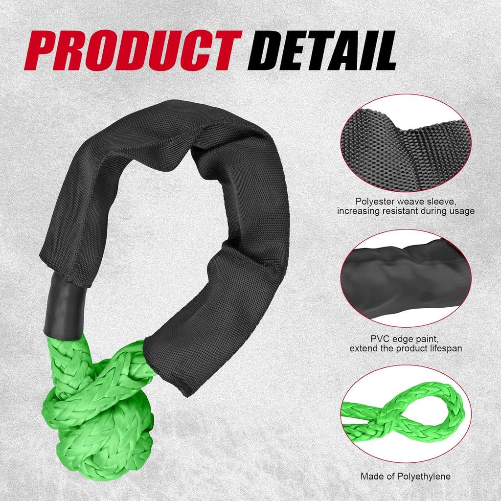 2 Pack Green Soft Shackle 57,000 LBS Breaking Strength 1/2 Inch X 22 Inch With Protective Sleeve For Off-Road Sailing Trucks 4X4 UTV Synthetic Road