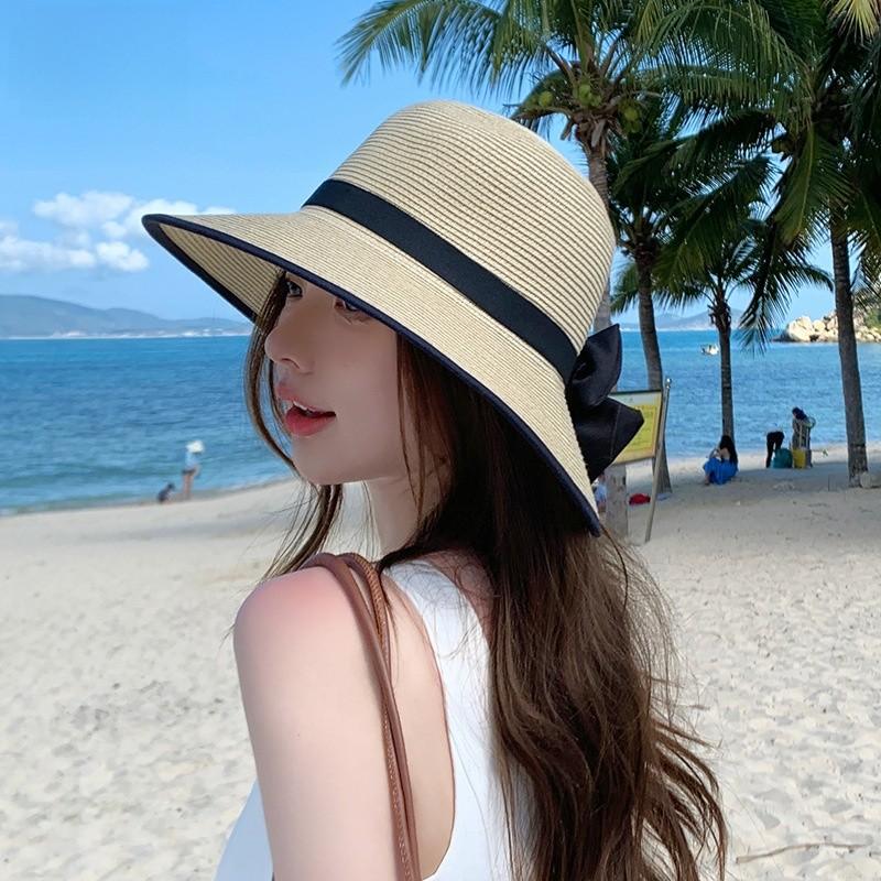 Летняя соломенная шляпа для женщин с широкими полями и ленточным бантом для пляжа и защиты от солнца
