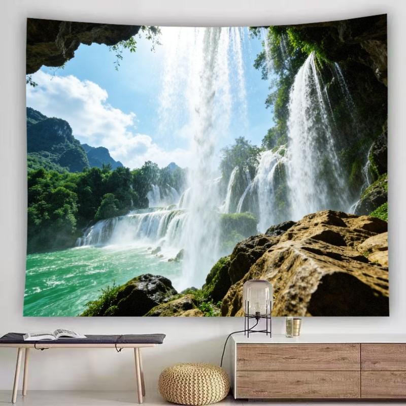 Natural Mountain Lake Landscape Tapestry Rainbow Waterfall Scenery Wall Hanging Aesthetic Decor for Living Room Bedroom