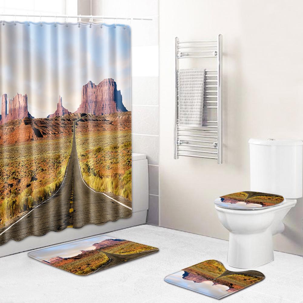 Landscape Shower Curtain Floor Mat Combination Four-Piece Set Bathroom Toilet Carpet Shower Room Mat Foot Mat