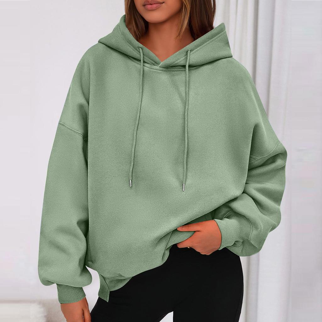 Ladies' Fashionable Solid Color Casual Hooded Pocket Long Sleeved Sweatshirt