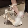 Sexy Crystal Women Summer Sandals Fluffy Peep Toe Stilettos High Heels Pumps Fur Feather Lady Wedding Shoes Large Size 42