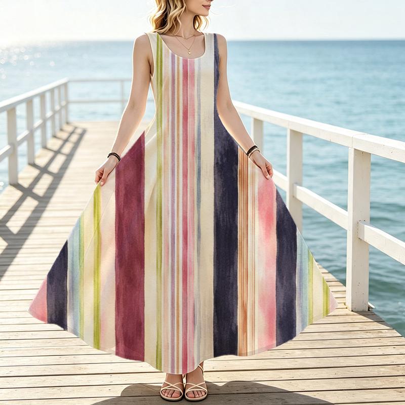 Women's Vibrant Striped Sleeveless Long Maxi Dress,Comfortable Summer Casual Versatile Dress for Beach Vacation & Daily Wear