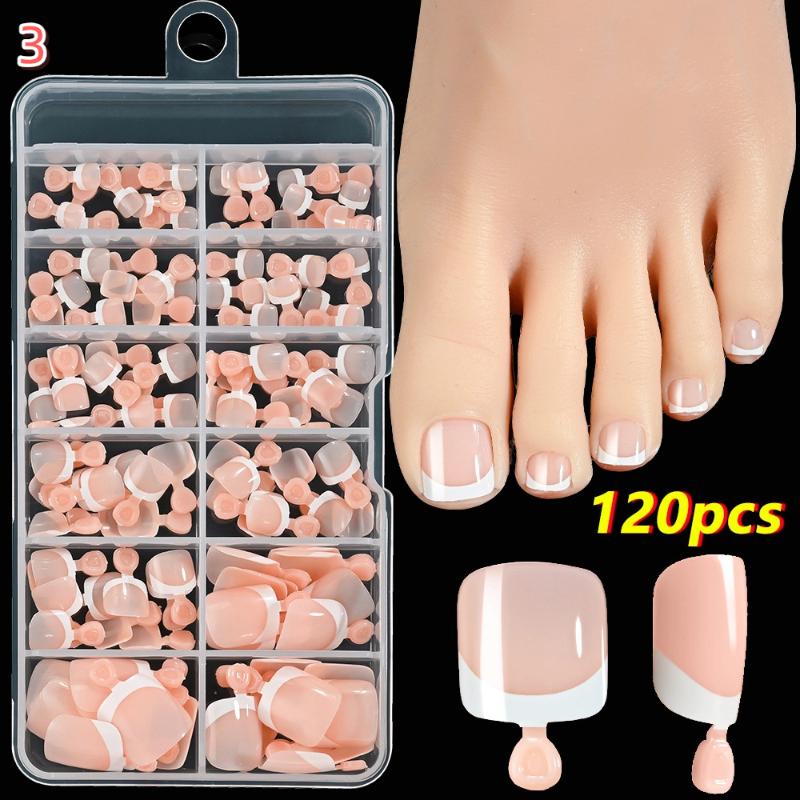 120Pcs French Short Square Artificial Press On Toenails Nude Pink Full Cover False Toe Nails Fake Toe Nail Extension For Women