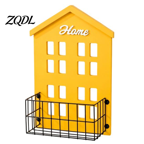 Sturdy Metal And Wood Wall Floating Shelf Wooden House Shape Shelf, Decorative Storage Rack, Creative Space Saving for Balcony Basket with Mesh