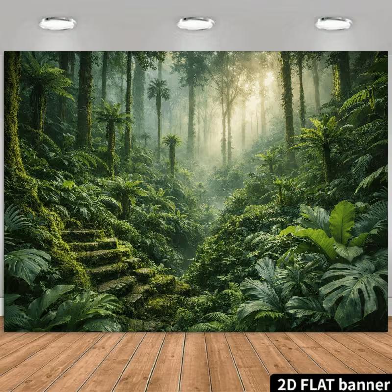 2D мистический лесной мурал с лучами солнца и тропическими растениями, фотофон