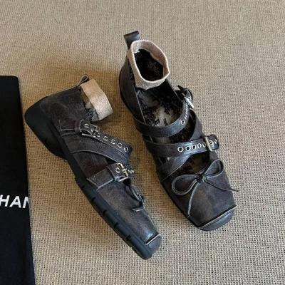 2025 Весна и Осень Новые Туфли-лодочки с вырезами и квадратным носком на плоской подошве, Ретро Многофункциональные Балетки с бантом для женщин