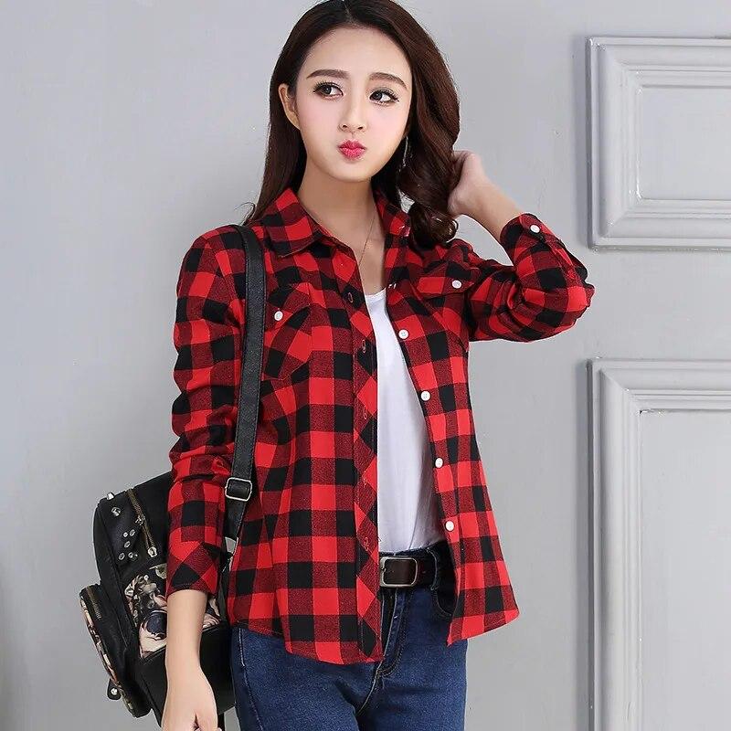 Women's Spring and Autumn Plaid Shirt Casual Long Sleeve Pocket Cotton Shirt
