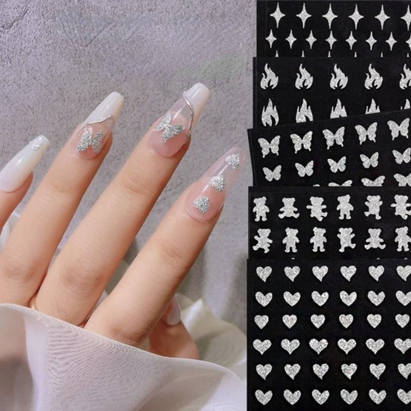 New Fashion Glitter 3D Nail DIY Stickers Silver Powder Butterfly Star Design Laser Love Heart Foils Sparkly Decoration Manicures