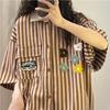 Women's Short Sleeved Shirt Vertical Stripes Floral Printing Contrasting Color Blouse Single Pocket Design Lady Tops