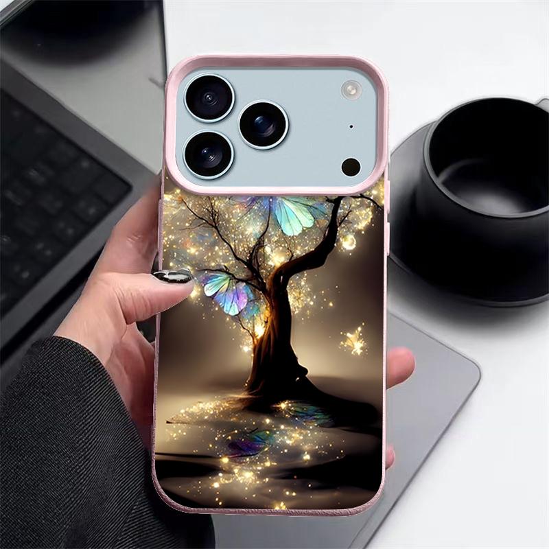 Для iPhone 17 Pro Max Чехол Роскошный Сияющий Фантастическое Дерево Узор Бабочки Кожаная Текстура Силиконовая Крышка Для iPhone 16 Pro Max 15 14 13 12 11 16E Air