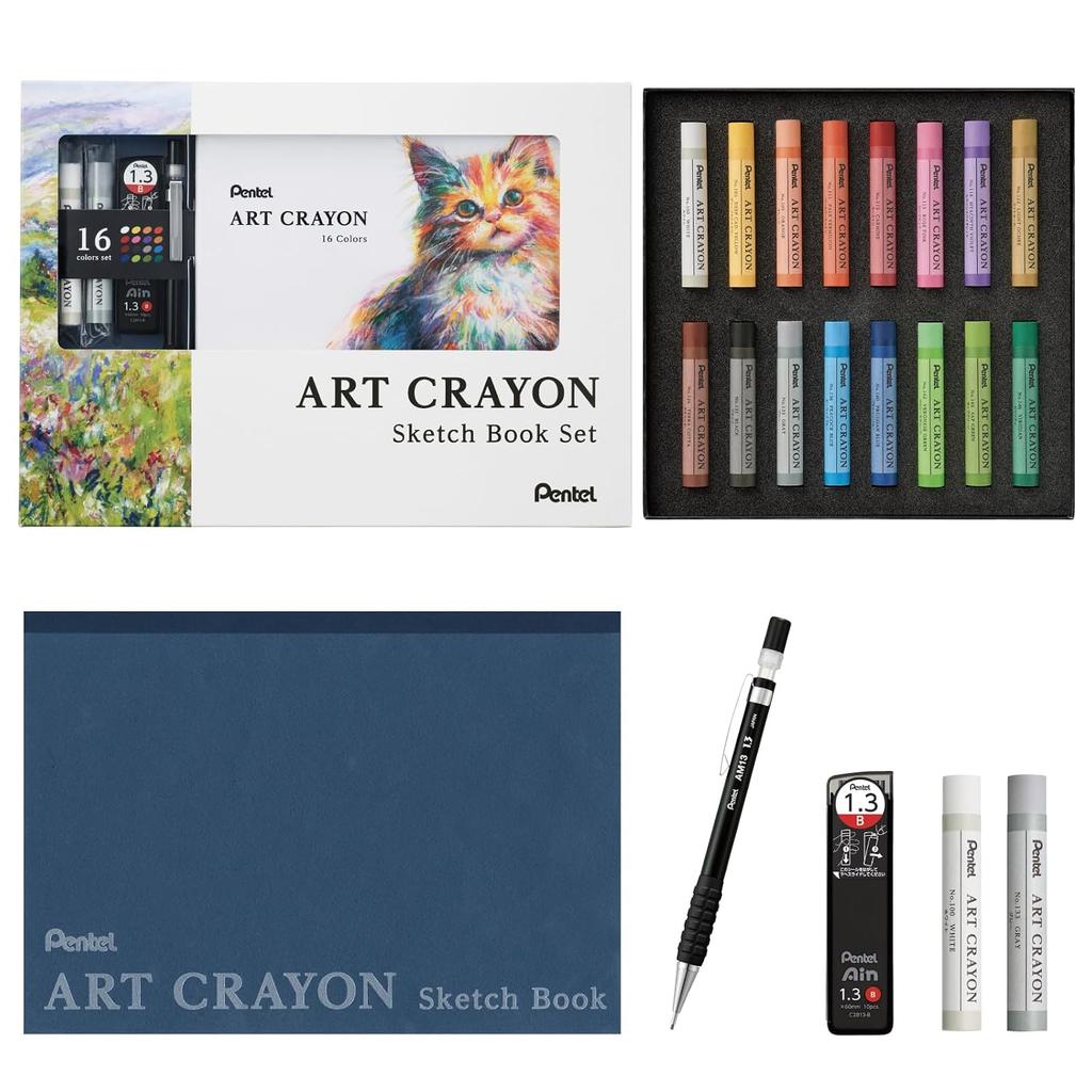 Pentel Crayon Art 16 Color Set Single White Grey SharpReplacement Lead Sketchbook How Draw Guide Included PTAC-16ST1