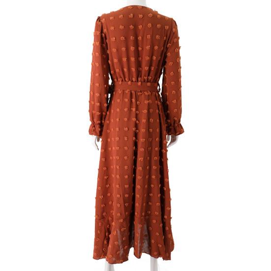 Women Spring Fall Dress Dot Applique Solid Color V Neck Belted Tight High Waist A-line Irregular Ruffle Hem Bohemian Flowy Wedding Party Maxi Dress