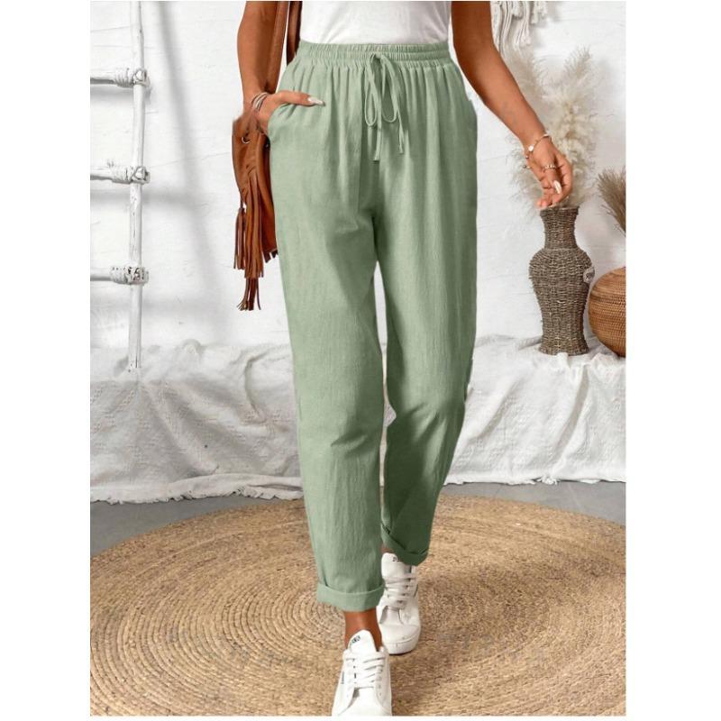 Женские повседневные брюки из хлопка и льна с эластичными карманами, повседневные свободные брюки, повседневная одежда, женская одежда