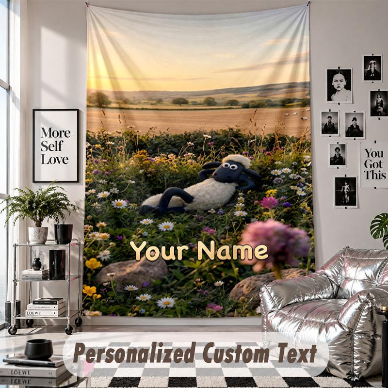 Wall Hanging Tapestry With Custom Name & Text, Shaun the Sheep Decorative Tapestry For Bedroom