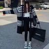 Retro Hooded Sweater Jacket Women's Lazy Style High-end Sense Medium and Long Design Sense Contrasting Color Striped Knitted Cardigan