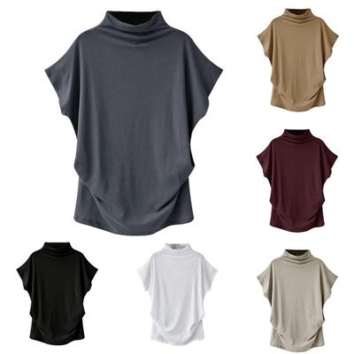 Женская футболка больших размеров, однотонная футболка с высоким воротом и коротким рукавом, свободный топ