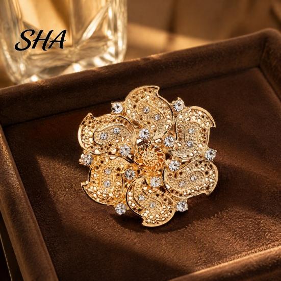 Shirts Jewelry Retro Rhinstone Flower Brooch for Women, Golden Plated Alloy Floral Women Outfit Accessories Lapel Pin, Clothing Wedding Party