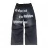 High-Waisted Wide-Leg Denim Pants With Letter Print Vintage Washed Style Men Youth Streetwear