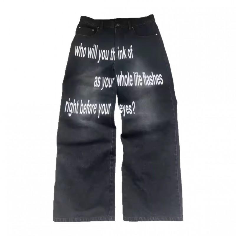 High-Waisted Wide-Leg Denim Pants With Letter Print Vintage Washed Style Men Youth Streetwear