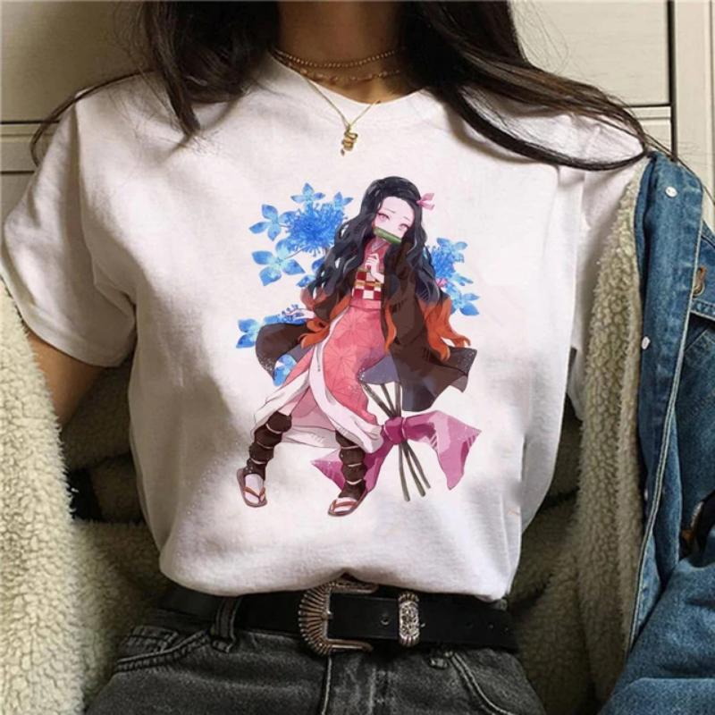 Японская аниме-футболка Demon Slayer Oversize Женская одежда Nezuko Kawaii Футболки Tanjirou O-Neck Graphic Женская футболка Manga Tops